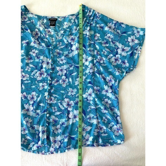 Torrid Floral Chiffon Button‎ Front Top Sz 0 Turquoise Sheer Summer Blouse Shirt - Picture 7 of 9